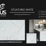 Stuaturio White countertop slab sample at the Lotus Surfaces showroom in Norcross, GA